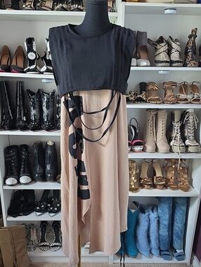Punk Queen Asymmetrical Black and Beige Layered Maxi Dress